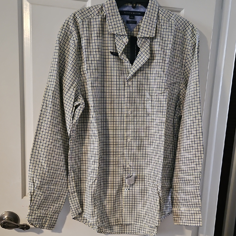 Tommy Hilfiger Men's White Shirt with Navy Windowpane Check